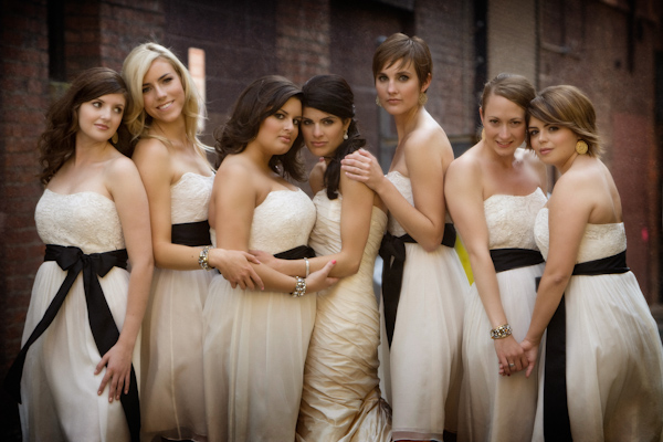 wedding photo by J Garner Photography, wedding party, ivory and black bridesmaids dresses